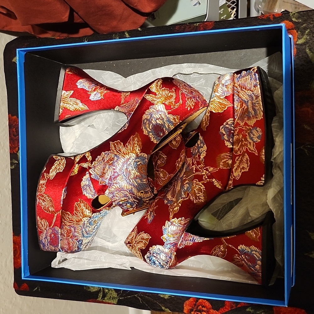 John Fluevog Red and Gold Floral Heels